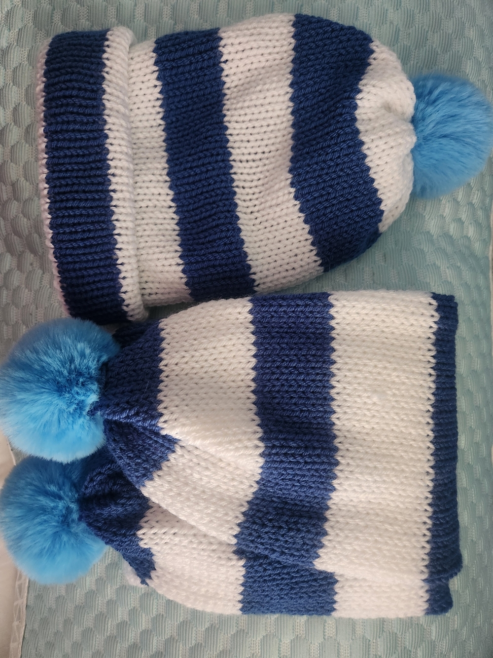 Brand New w/ tags! Kids Blue & White Striped Pom Pom Beanie - Cozy Knit Hat
